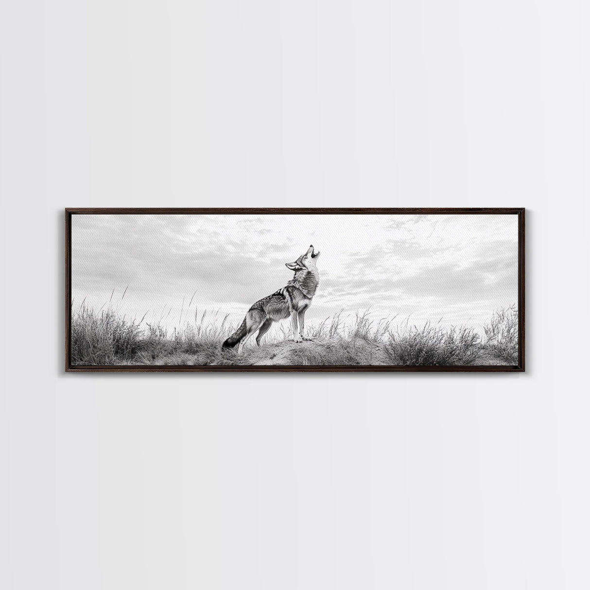 Lone Coyote, southwest wall art, wabi sabi art, extra wide art, moody art, landscape painting, framed canvas print, panoramic art