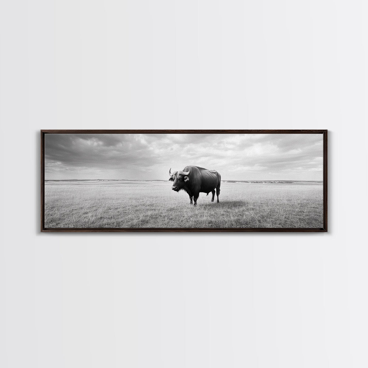 Lone buffalo, western landscape, rustic wall art, panoramic art, extra wide art, farmhouse decor, framed canvas print, wildlife painting, bull and bear art