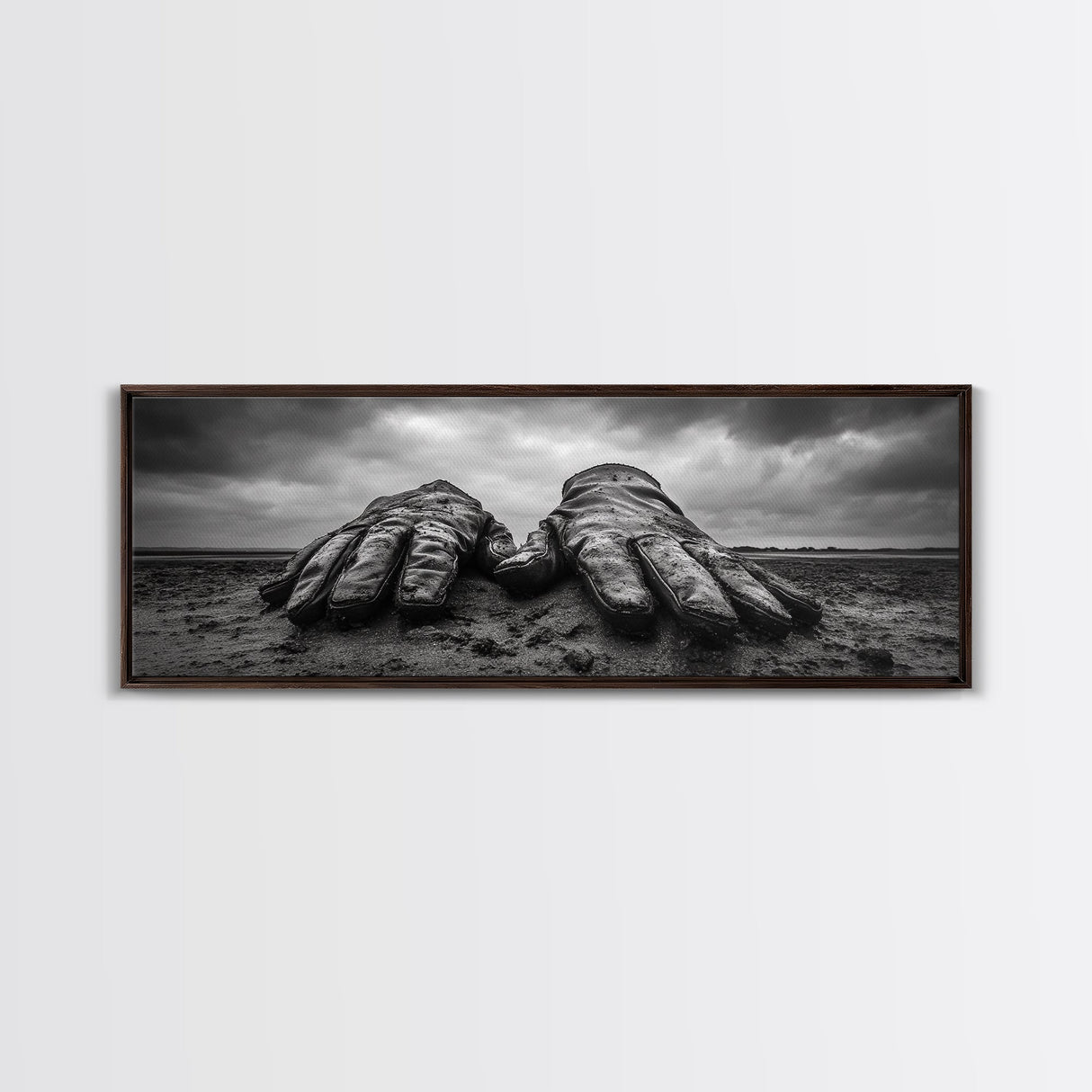 Leather Work Gloves, rustic wall art, moody art, wabi sabi art, extra wide art, panoramic art, farmhouse art, framed canvas print, cowboy art
