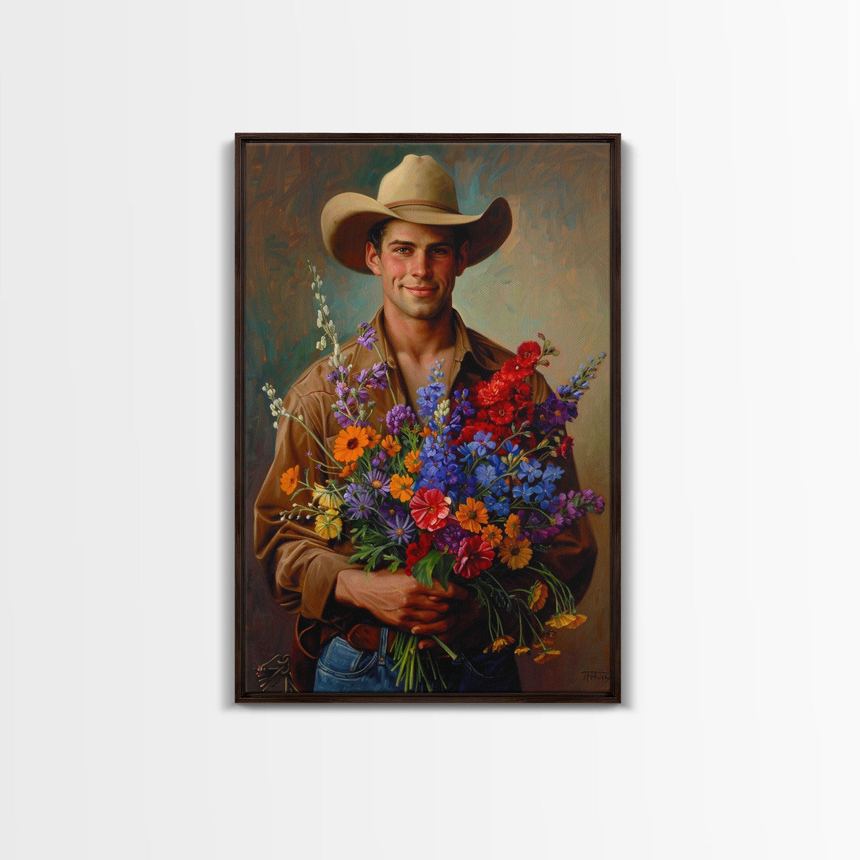 Handsome Cowboy with Wildflowers - Framed Canvas Print, Western Living Room Art, Rustic Bedroom Decor, Cowboy Art, Wall Art