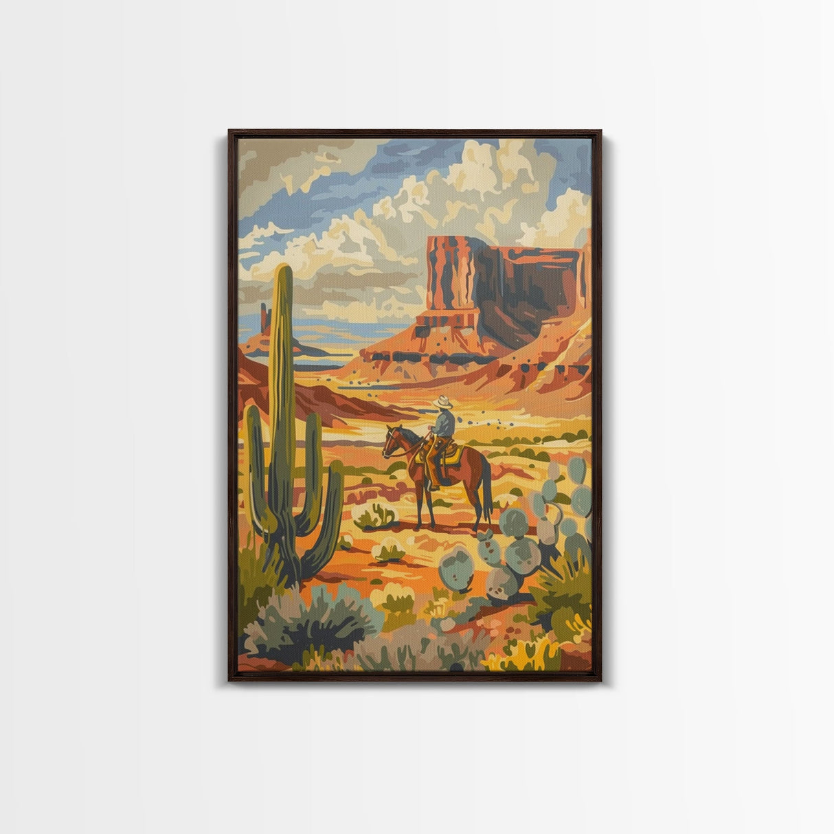 Desert Cowboy Riding Through Cactus - Framed Canvas Print, Western Landscape Art, Southwestern Wall Art for Home Decoration