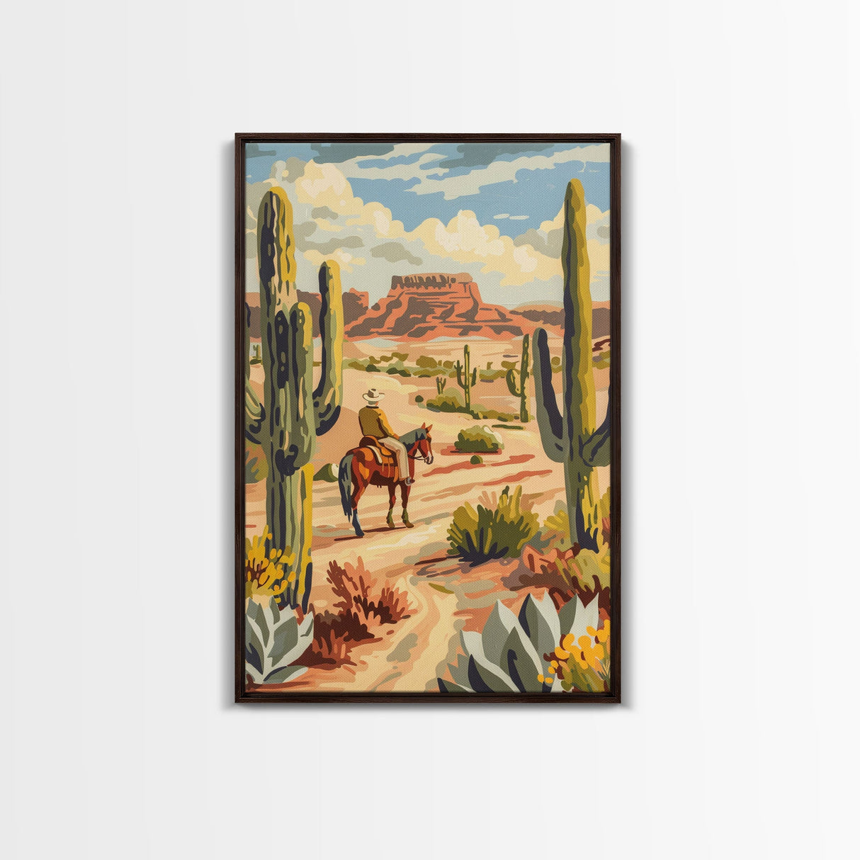 Cowboy Riding in Desert Landscape with Cacti - Framed Canvas Print, Western Art, Southwestern Decor, Desert Scene Wall Art for Home