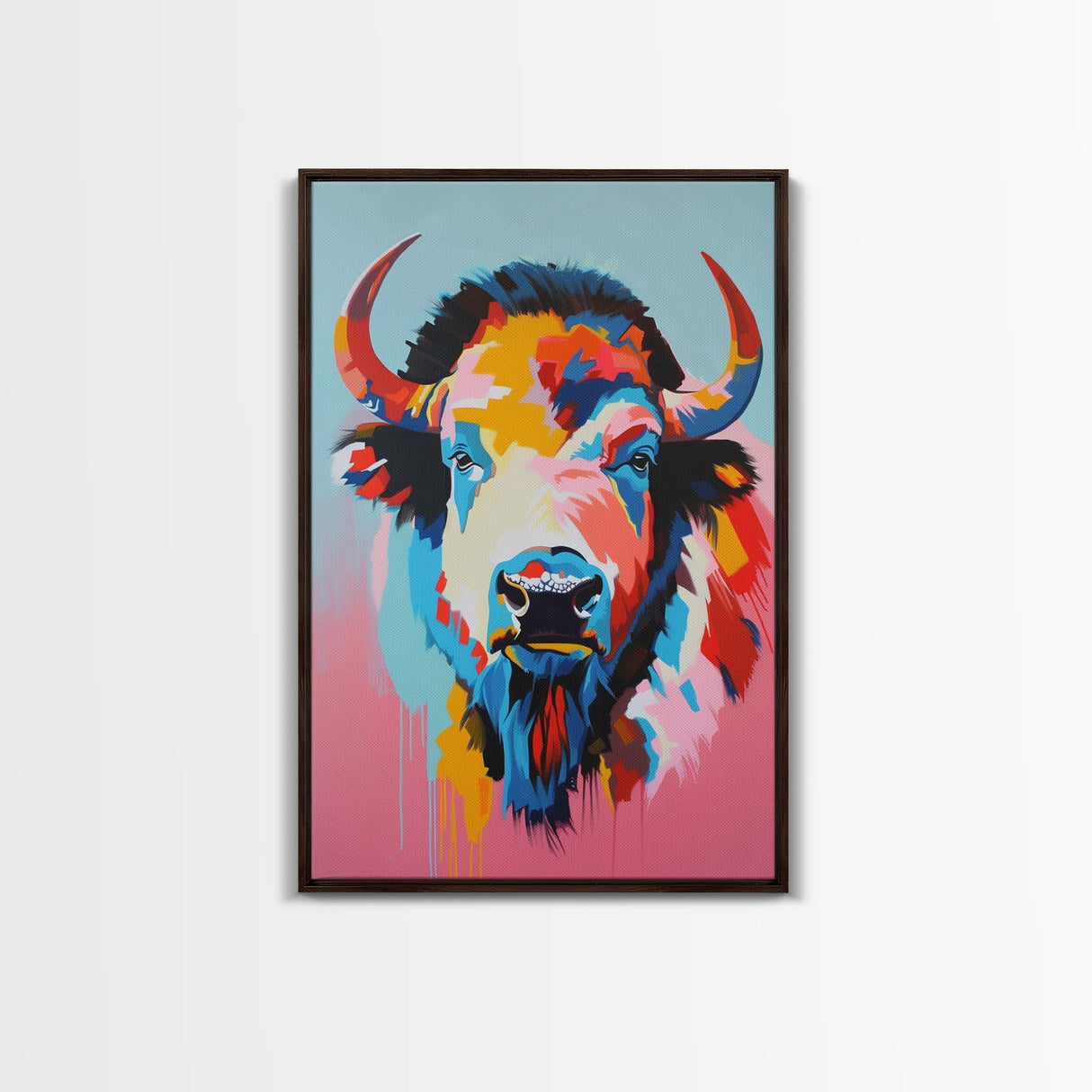 Colorful Bison Head in Pop Art Style - Framed Canvas Print, Animal Decor, Bison Art for Bedroom, Vibrant Wall Art for Living Room