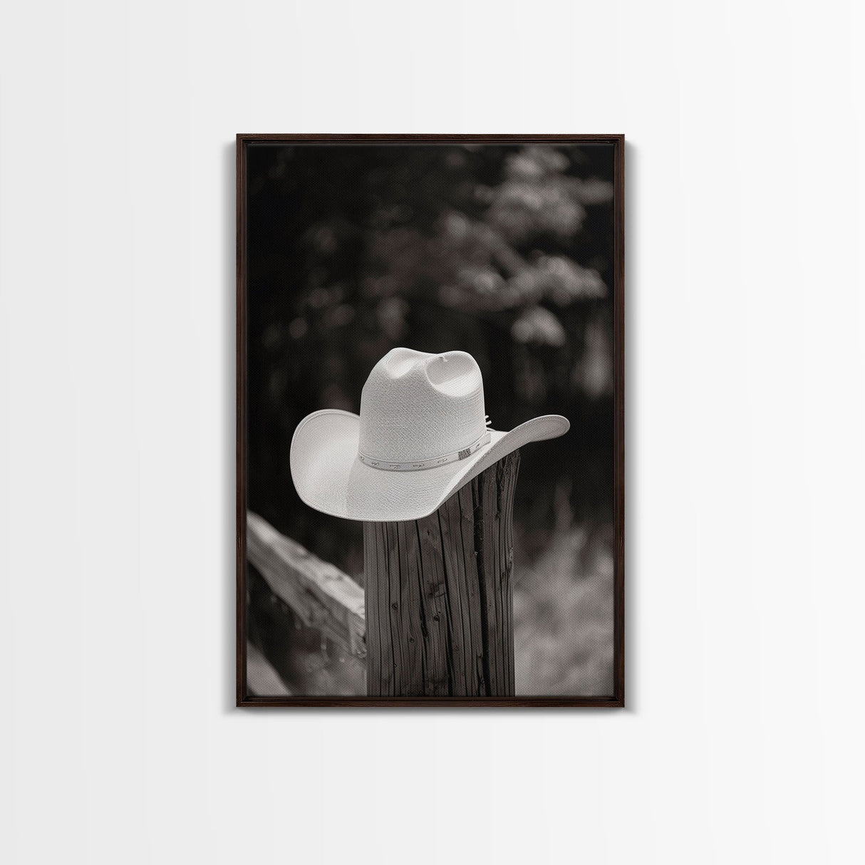 Cowboy Hat on a Wooden Fence Post in Rustic Black and White Photography for Western Home Decor, Canvas Prints, Wall Art for Living Room