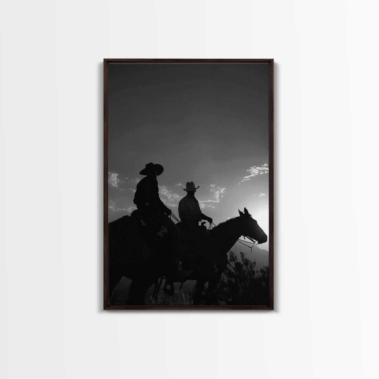 Two Cowboys Riding at Sunset in a Serene Black and White Western Landscape for Wall Art, Canvas Prints, Home Decor, Living Room Art