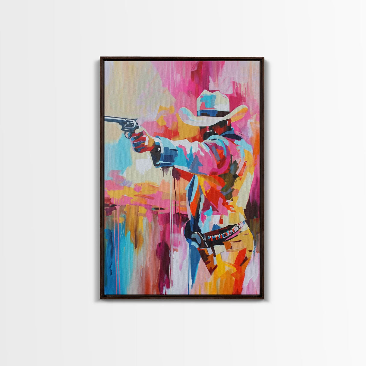 Dynamic Cowboy with Gun - Framed Canvas Print, Action-Packed Western Art, Bold Cowboy Wall Art for Living Room Decor
