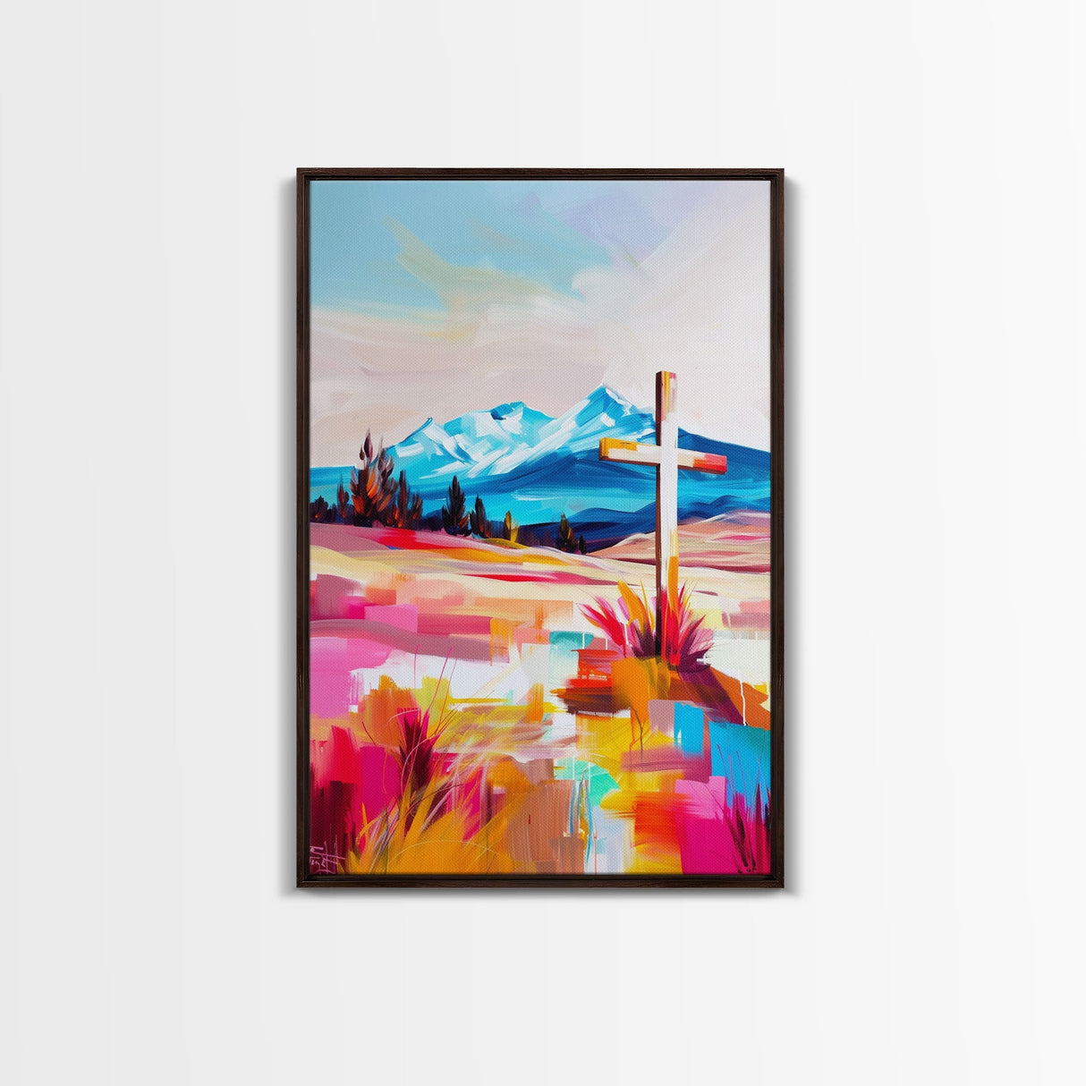 Cross with Mountain Backdrop - Framed Canvas Print, Scenic Western Art, Inspirational Wall Art for Bedroom Decor