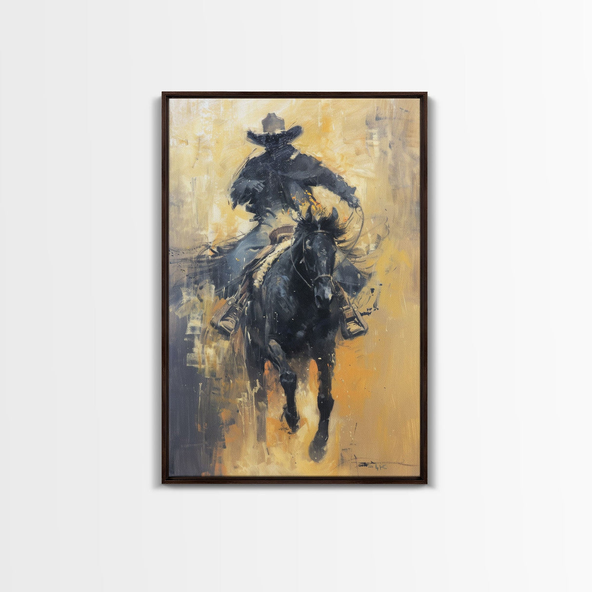 Dynamic Cowboy on Horseback Framed Canvas Print - Energetic Western Decor, Action Wall Art for Living Room, Bedroom