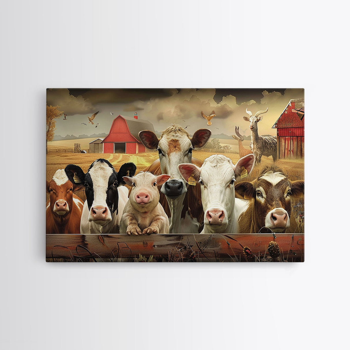 Farm Animals On The Fence, Framed Canvas Print, Cute Animal Decor, Bathroom Wall Art, Illustration, Home Decor
