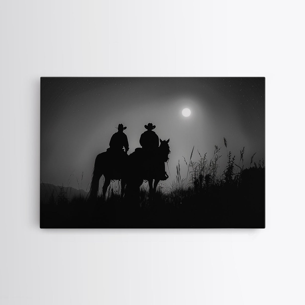 Cowboys Under A Full Moon, Framed Canvas Print, Black and White Western Photography, Wild West Art, Western Decor, Farmhouse Country Art