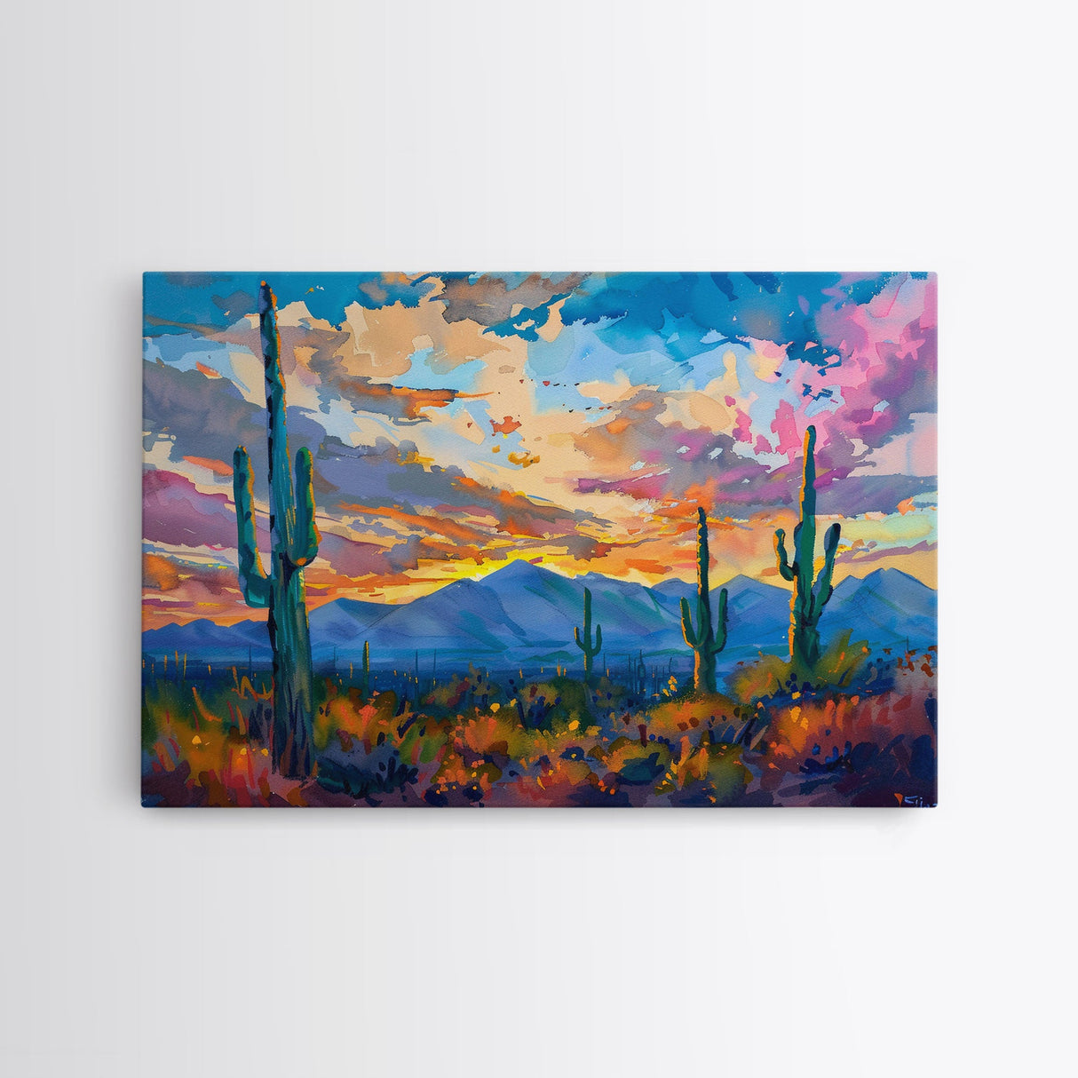 Cactus Under A Beautiful Sunset, Pop Art Style, Mid Century Modern Framed Canvas Print or Metal Art, Desert Scene Wall Art, Abstract Desert