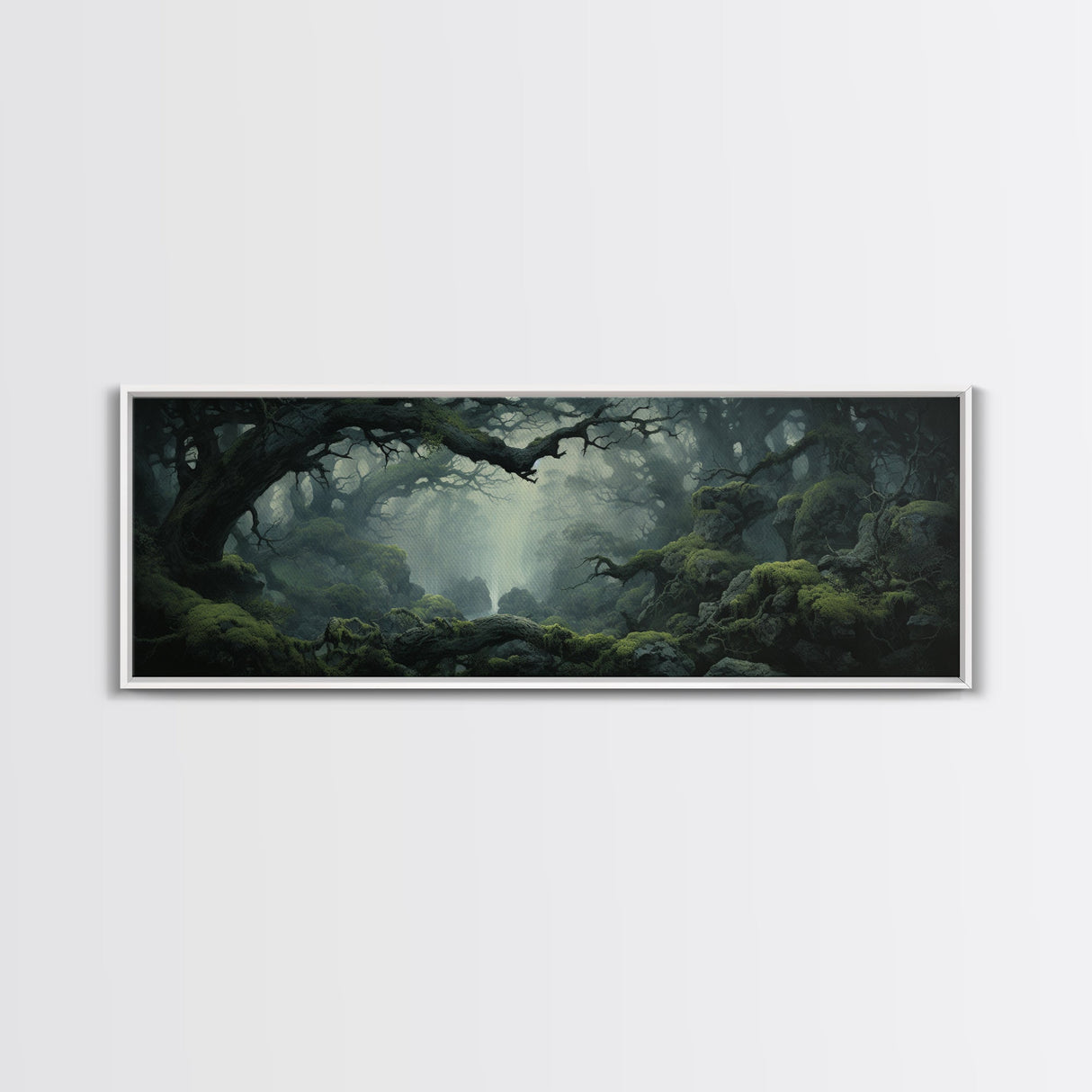 In The Forest - Ready To Hang Panoramic Foggy Pine Forest Canvas Wall Art, Nature Wall Art, Misty Green Forest Print, Modern Home Decor