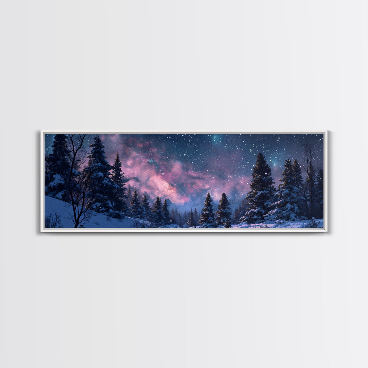 Starry Night Northern Lights, Framed Canvas Print, Beautiful Night Sky Over A Snow Capped Forest, Winter Landscape Painting, Purple Skies