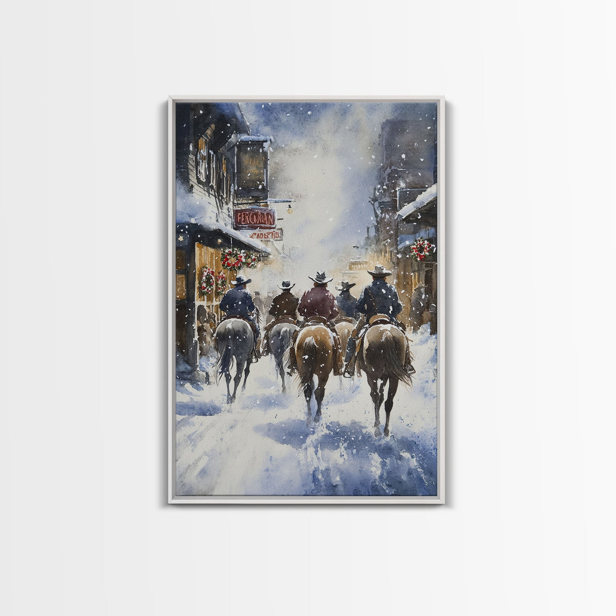 Cowboys Riding Into Town On Christmas, Western Christmas Decor, Framed Canvas Print, Christmas Outdoor Decor, Christmas poster