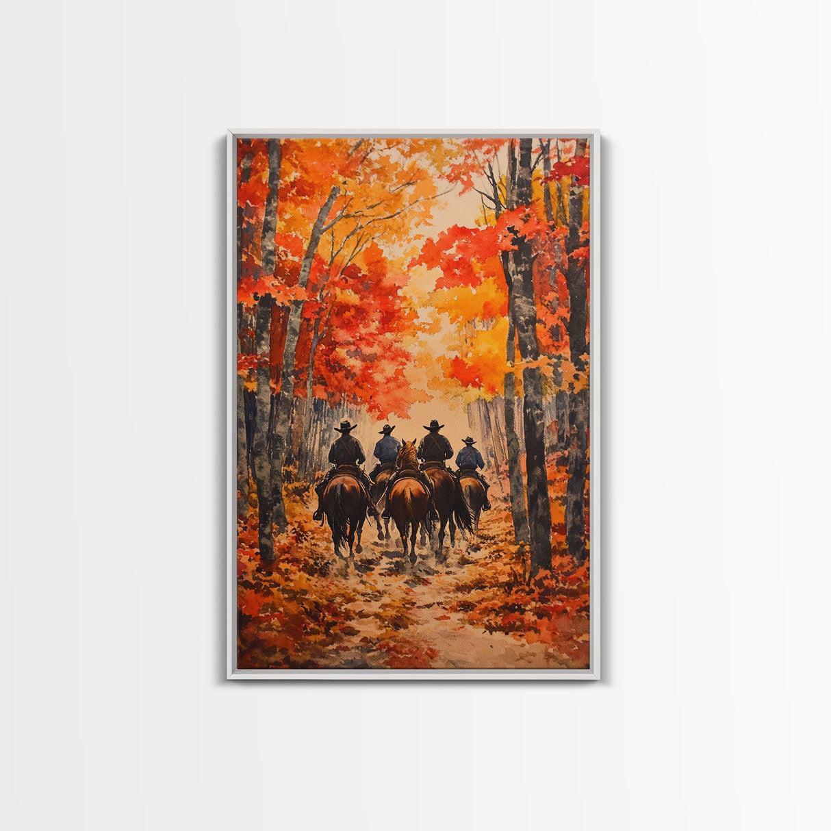Cowboys Riding Into Town On Thanksgiving, Western Fall Decor, Framed Canvas Print, Autumn Outdoor Decor, Christmas poster