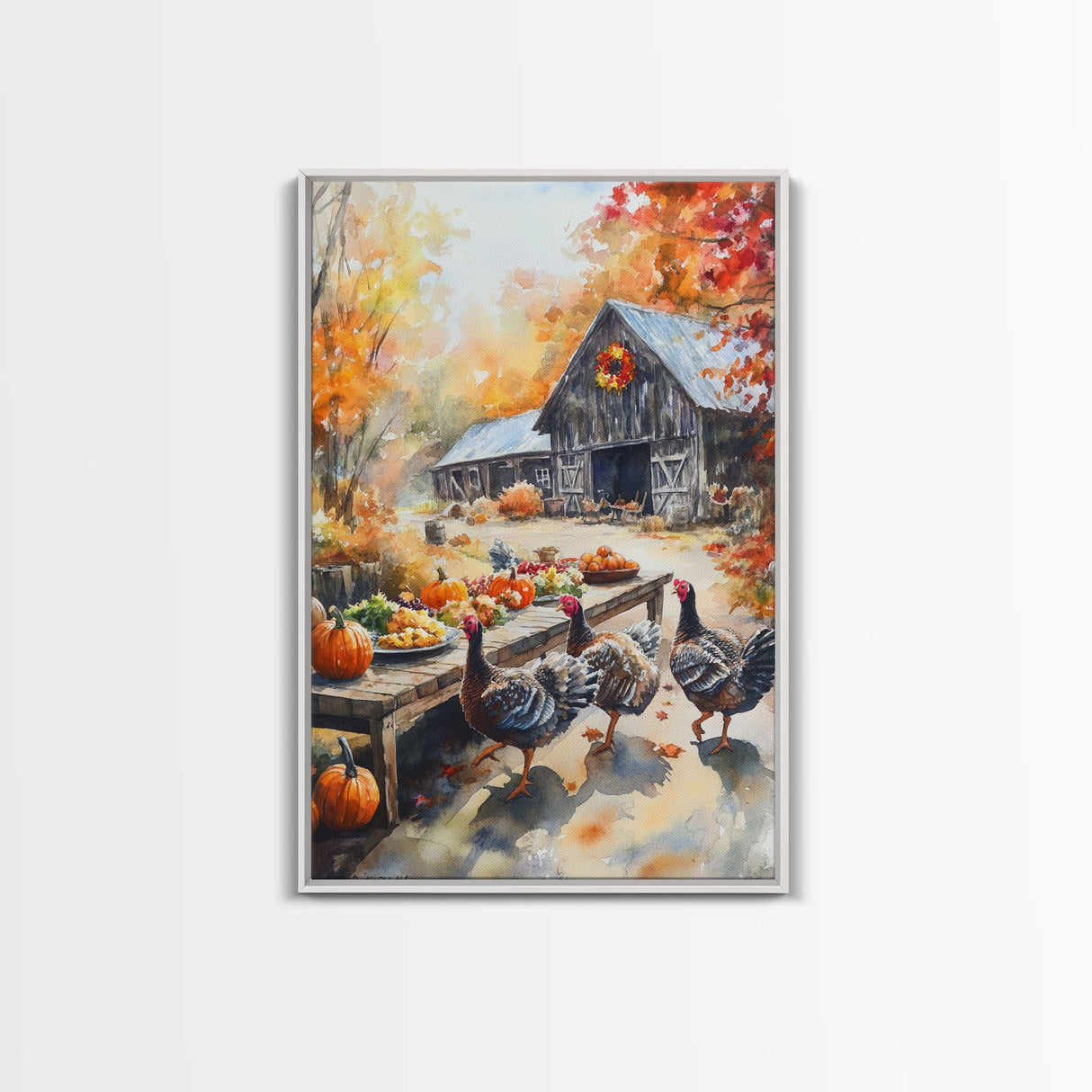 Painting Of A Barn In The Fall, Framed Canvas Print, Thanksgiving Decor, Turkey Painting, Turkey Art