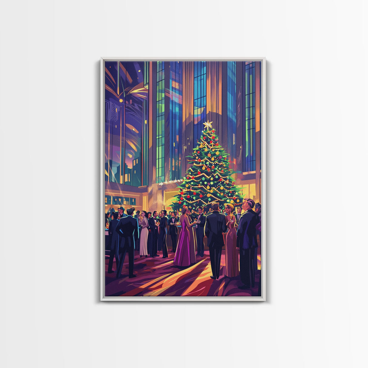 Elegant Christmas Ball Scene with Large Decorated Tree and Holiday Party, Perfect for Framed Canvas Print and Christmas Wall Art