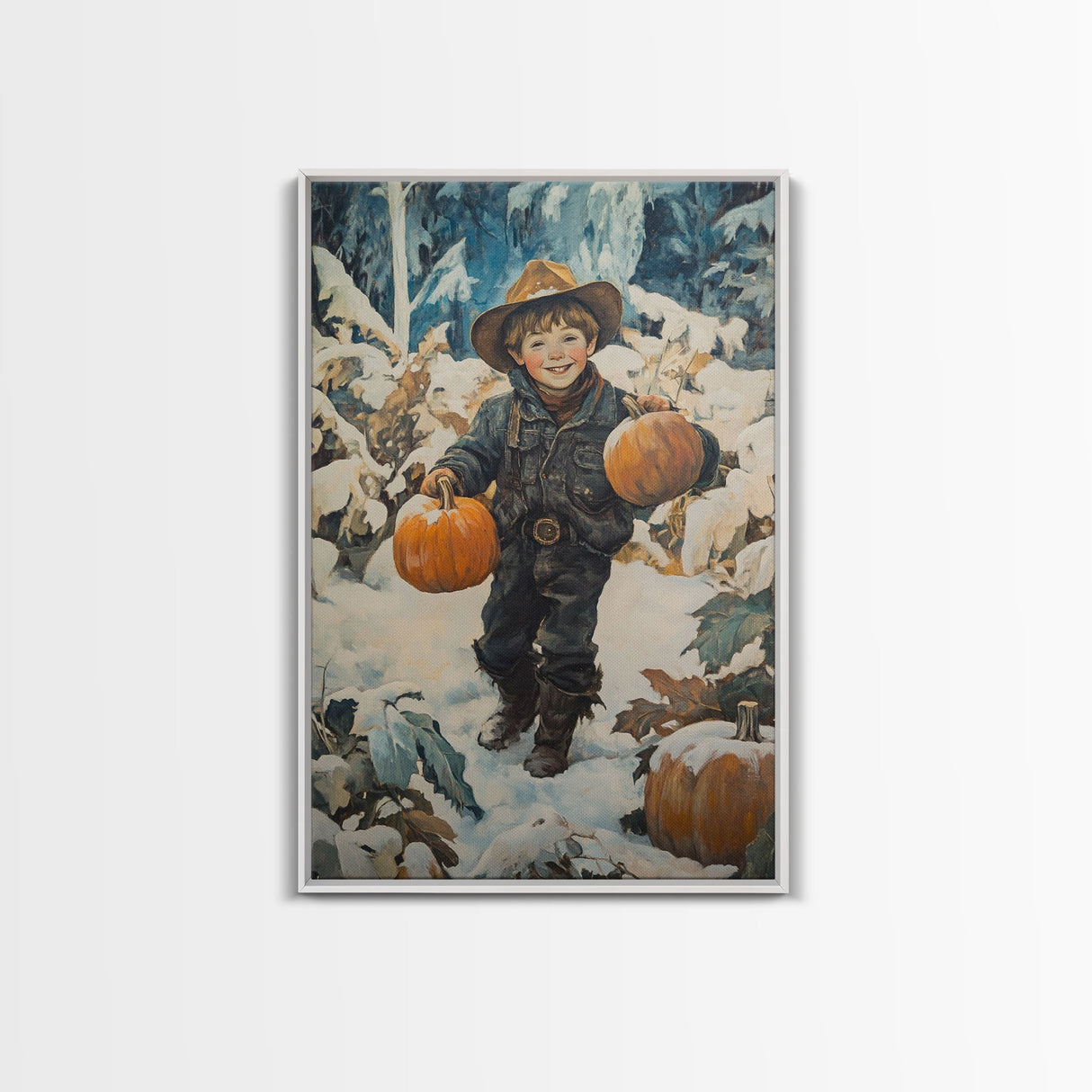 Cowboy Christmas Decor Framed Canvas Print with Pumpkin in Snow, Rustic Holiday Home Wall Art and Seasonal Gift Idea 2024
