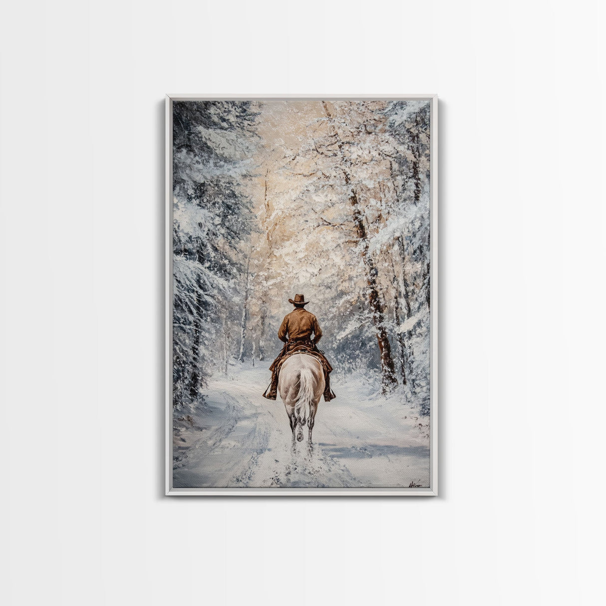 Cowboy by Window with Coffee Framed Canvas Print - Cozy Christmas Wall Art 2024 Rustic Holiday Decor and Gift Idea