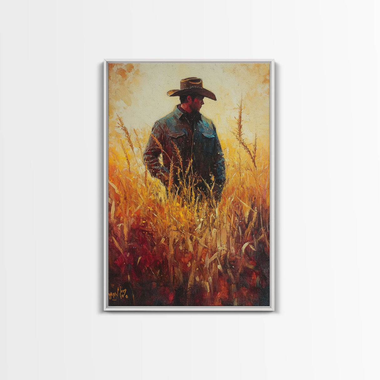 Cowboy in Golden Wheat Field Canvas Print, Western Landscape Art Gift, Seasonal Decor, Modern, Perfect Holiday Gift, Framed Canvas Print