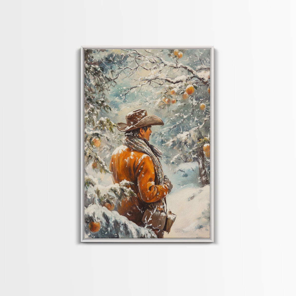 Cowboy in Snowy Orchard Canvas Print with Frosty, Christmas Wall Art Gift, Seasonal Decor, Winter Wonderland, Holiday Decor, Canvas Print