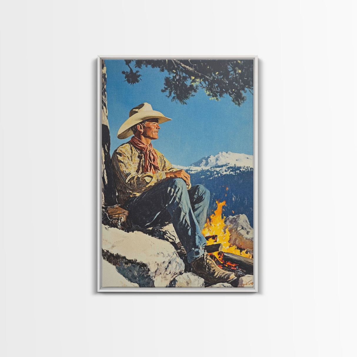 Cowboy Resting by the Fire Canvas Print, Winter Mountain Scene, Seasonal Wall Art, Rustic Western Decor, Holiday Gift, Framed Canvas Print