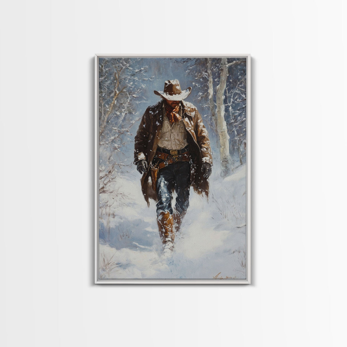 Cowboy Riding Horse in Snowy Forest Canvas Print, Winter Wall Art, Western, Rustic Christmas Wall Art, Seasonal Holiday Decor, Canvas Print