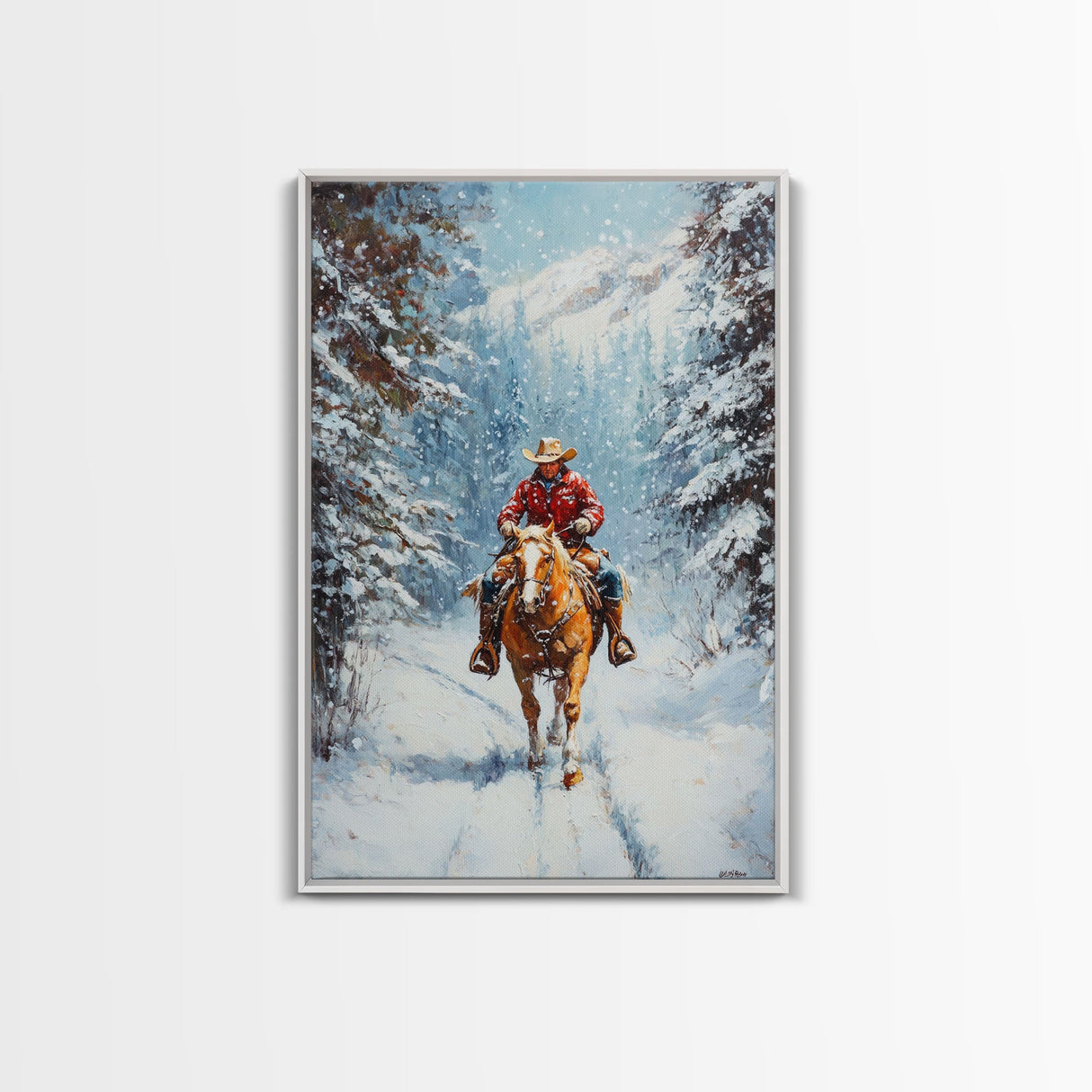 Cowboy Walking Through Snowy Winter Forest Canvas Print, Western Christmas Art Gift, Holiday Wall Decor, Rustic Art, Framed Canvas Print