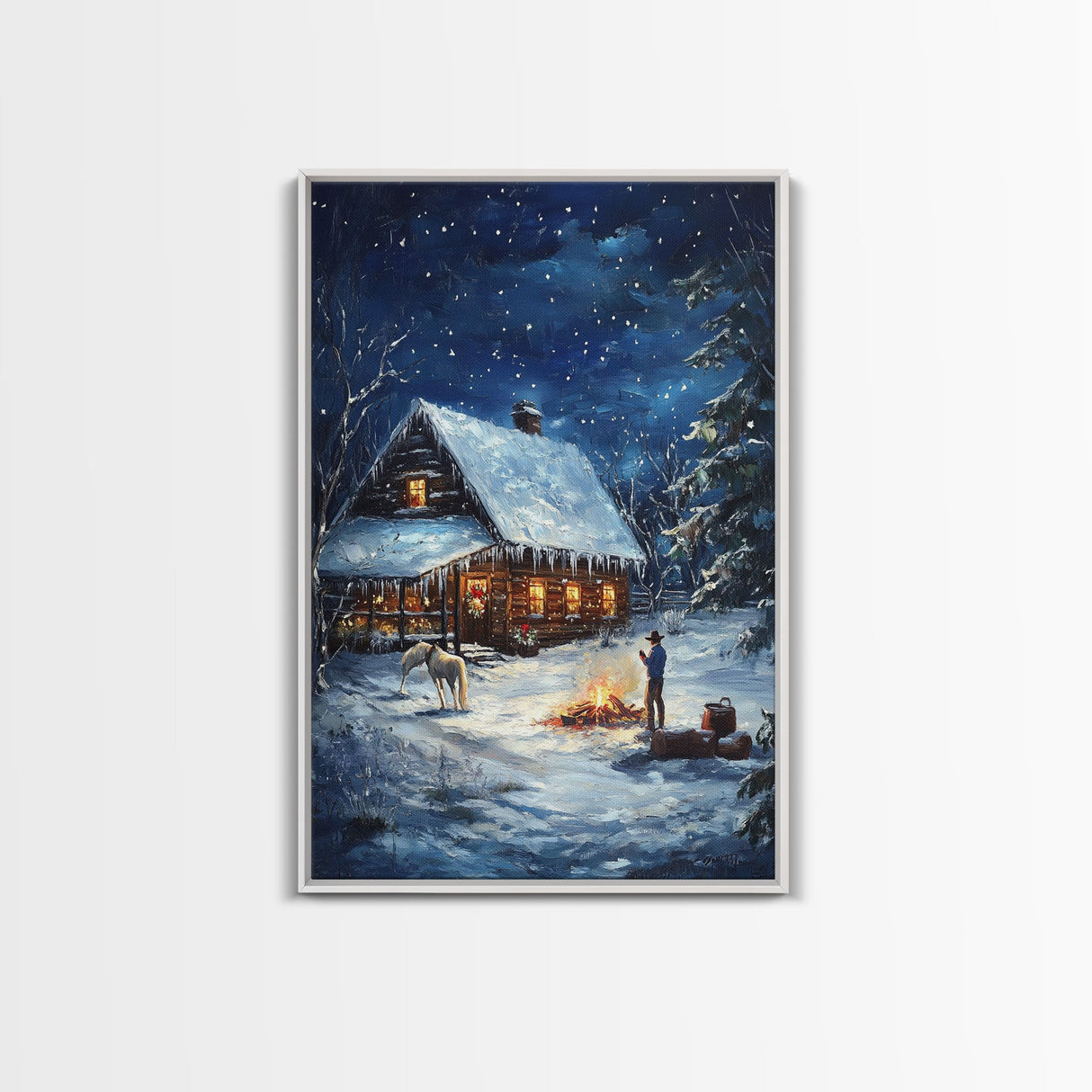 Cowboy Christmas by the Fire Framed Canvas Print, Western Holiday Decor with Snowy Cabin, Cozy Art Perfect for Rustic Christmas Winter Decor
