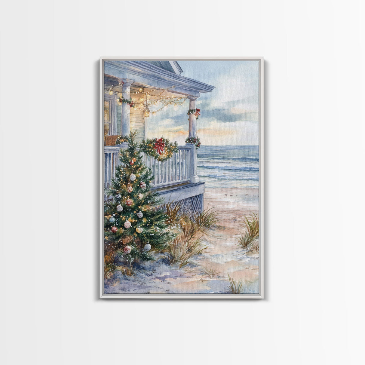 Coastal Christmas Tree Framed Canvas Print, Festive Holiday Decor Tree Beach and Ocean View, Nautical Wall Art Tropical Christmas Decor