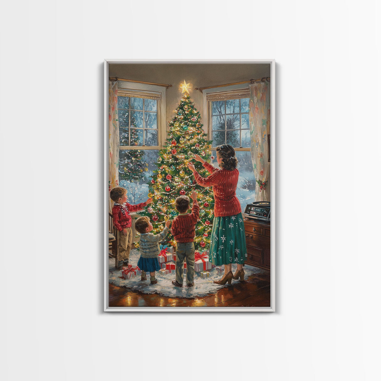 Retro Family Decorating Christmas Tree in Living Room, Classic Christmas Decor Scene, Perfect for Holiday Home, Framed Canvas Print