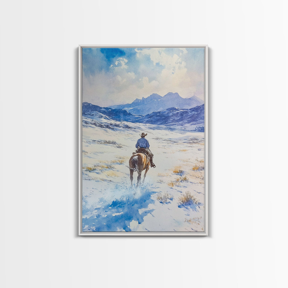 Cowboy riding through snowy mountain pass, Framed Canvas Print, western winter landscape wall art, farmhouse holiday decor Christmas gift