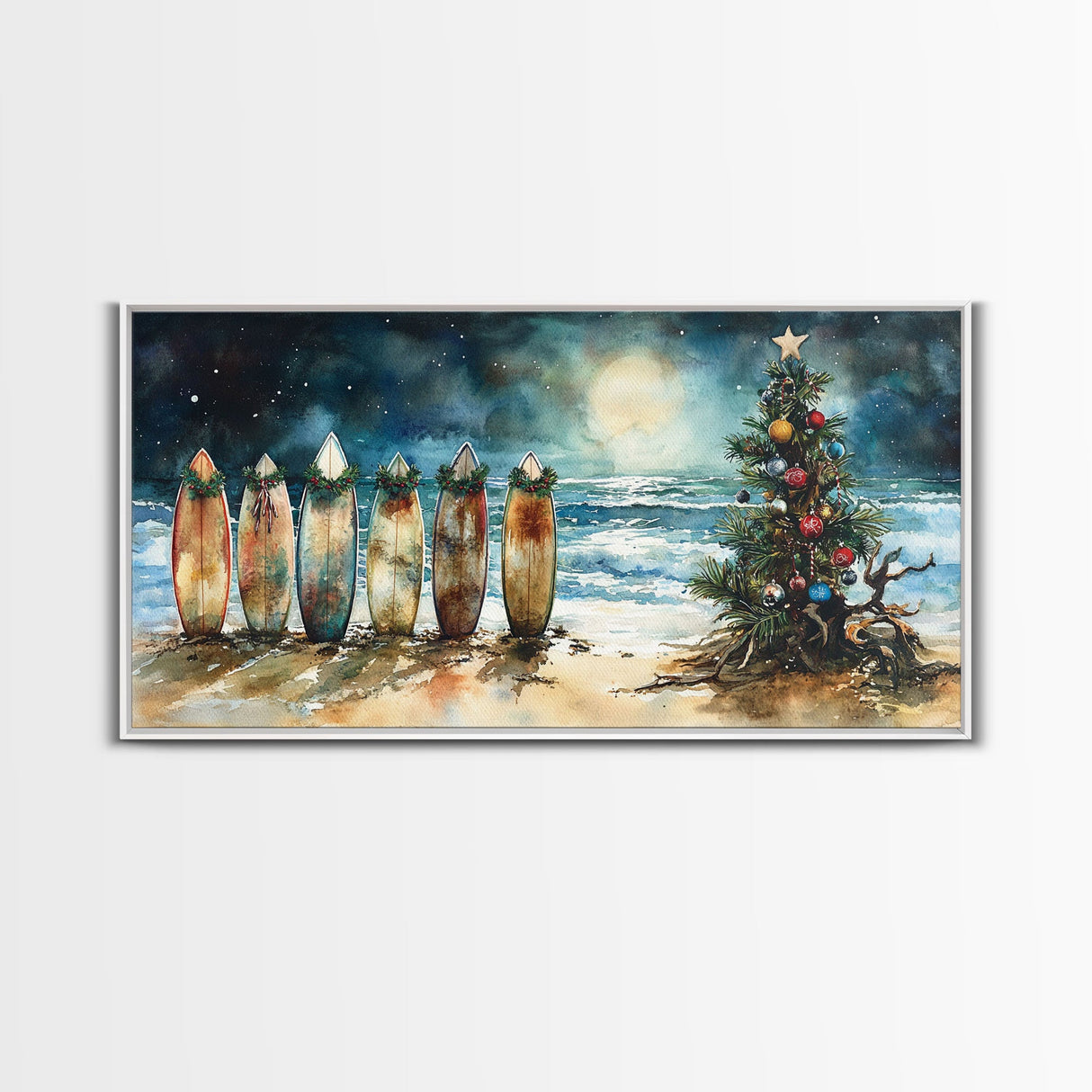 Canvas Print Surfboards and Christmas Tree at Beach, Tropical Christmas Decor, Beach Christmas Art, Coastal Holiday Wall Art