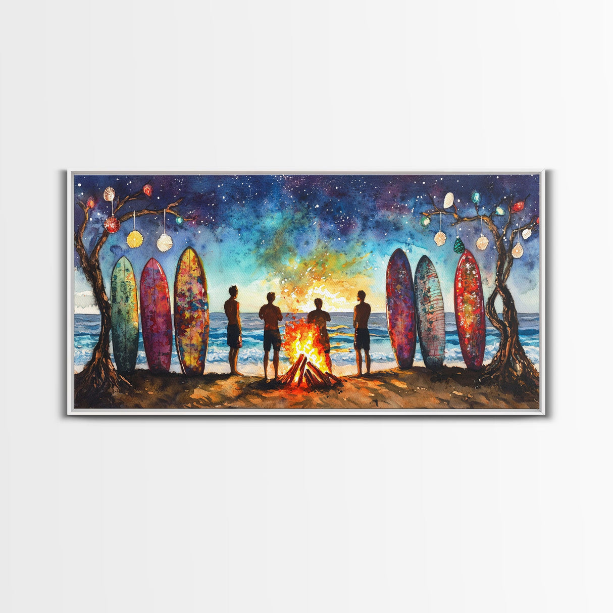 Canvas Print Beach Bonfire with Surfboards Under Stars, Coastal Christmas Art, Tropical Holiday Wall Art, Beach Christmas Decor