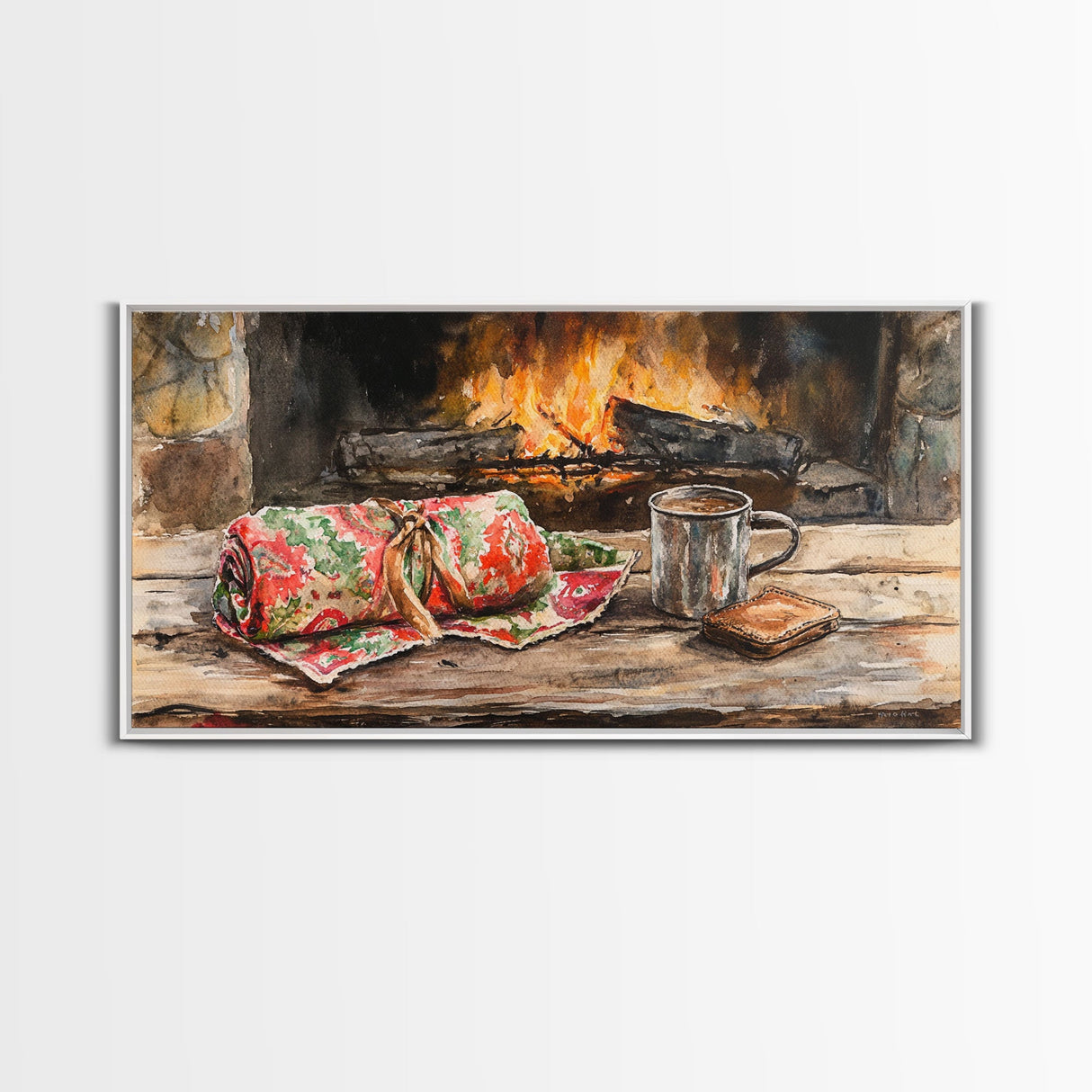 Canvas Print Cozy Fireplace with Christmas Blanket and Mug, Rustic Christmas Decor, Holiday Home Art, Warm Christmas Wall Art