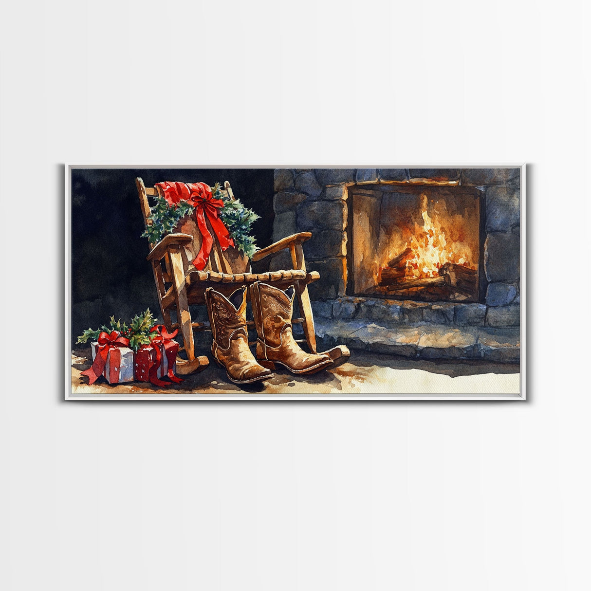 Canvas Print Rocking Chair and Cowboy Boots by Fireplace, Cozy Christmas Decor, Western Holiday Wall Art, Rustic Christmas Scene