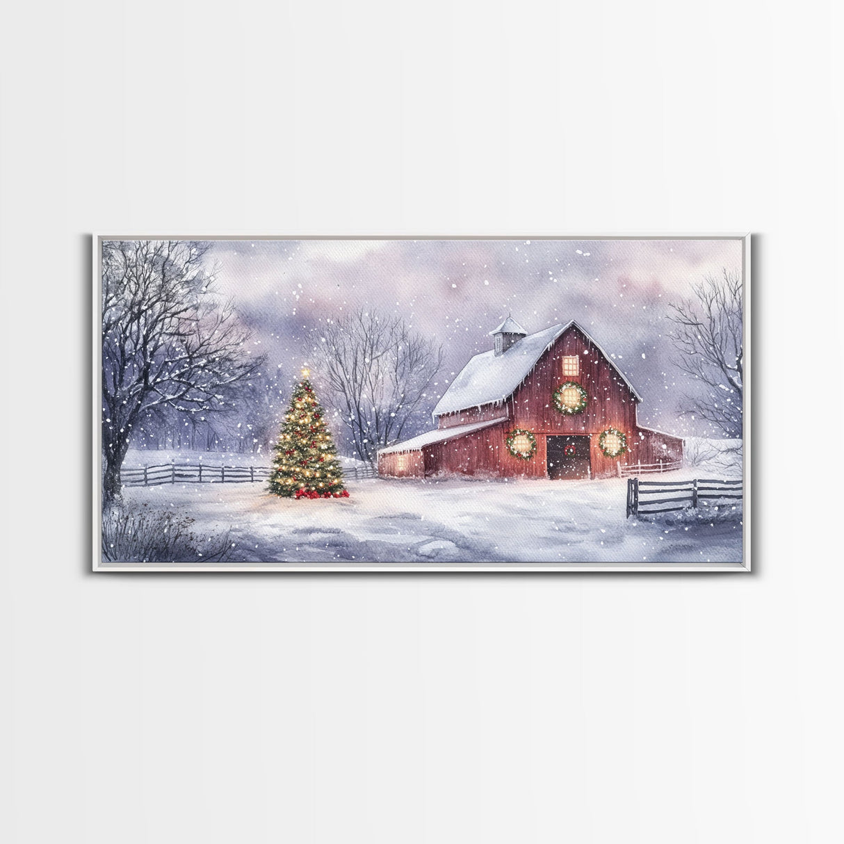 Christmas decor farmhouse Framed Canvas Print snowy barn scene holiday wall art Christmas tree decor best gift Christmas holiday home decor