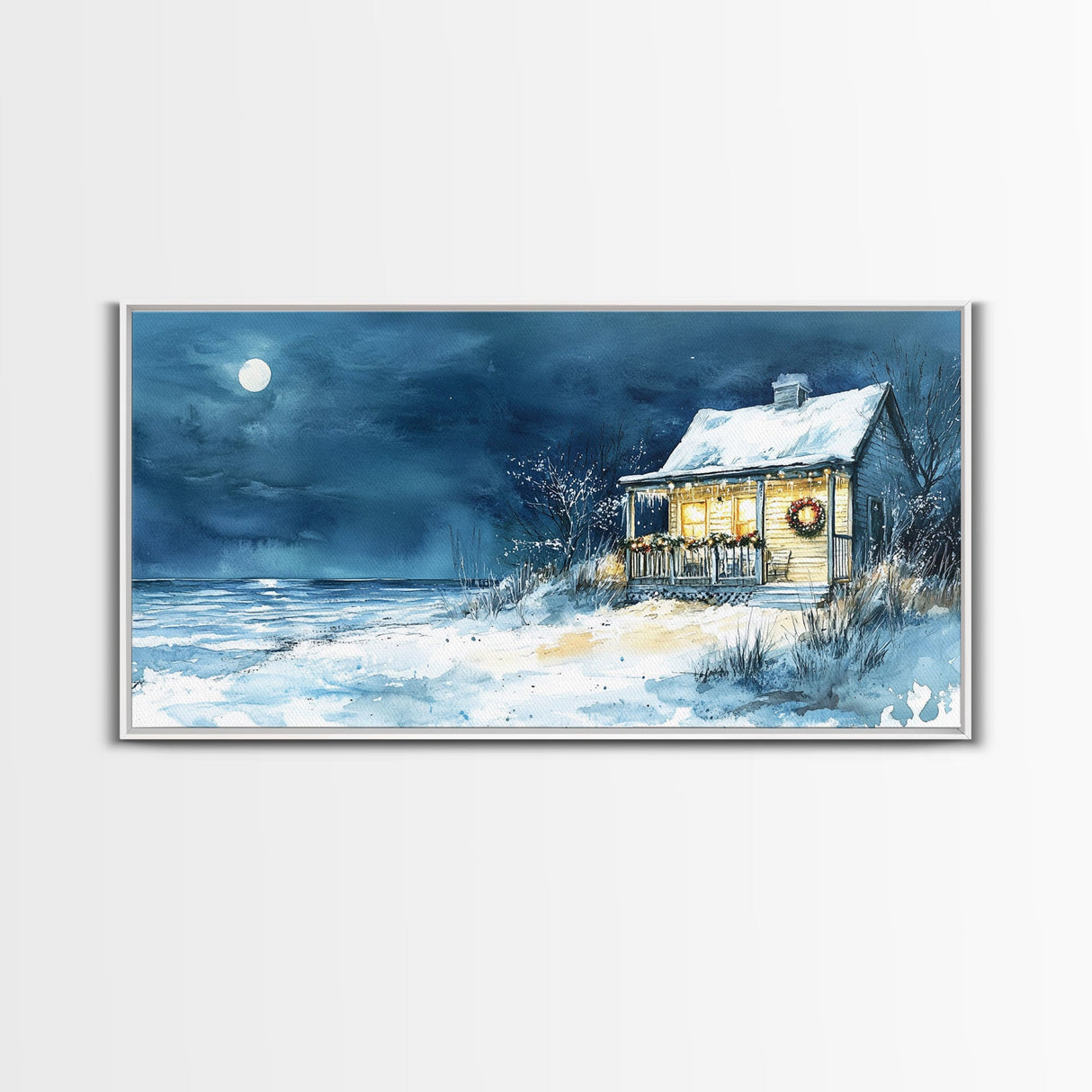 Coastal Christmas cabin decor, winter beach house art, snowy holiday seaside print, cozy Christmas wall art, framed canvas print