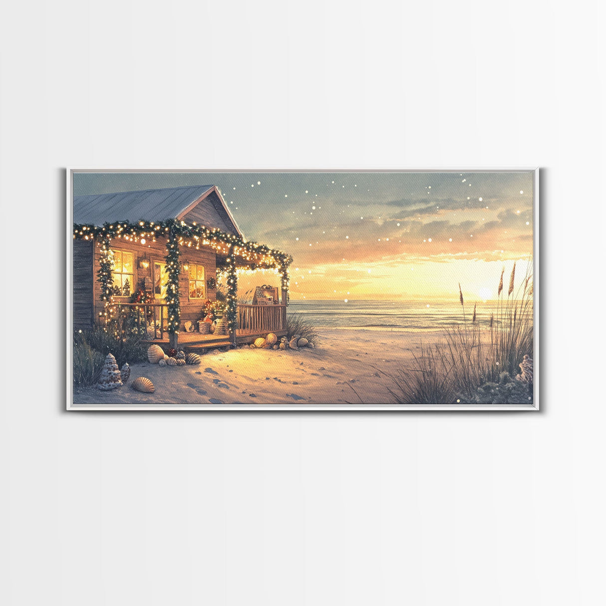 Christmas beach house decor, coastal holiday home art, seaside Christmas wall art, festive beach house print, framed canvas print