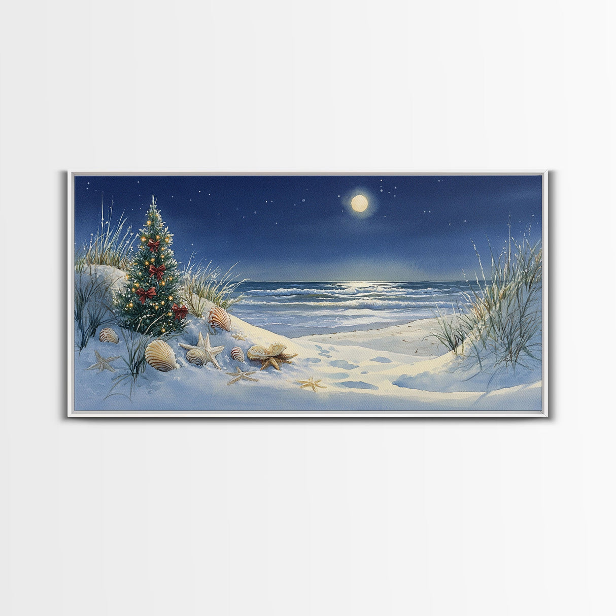 Christmas Tree on Snowy Beach with Full Moon, Framed Canvas Print, Coastal Christmas Art, Nautical Holiday Decor, Winter Wonderland, Beach