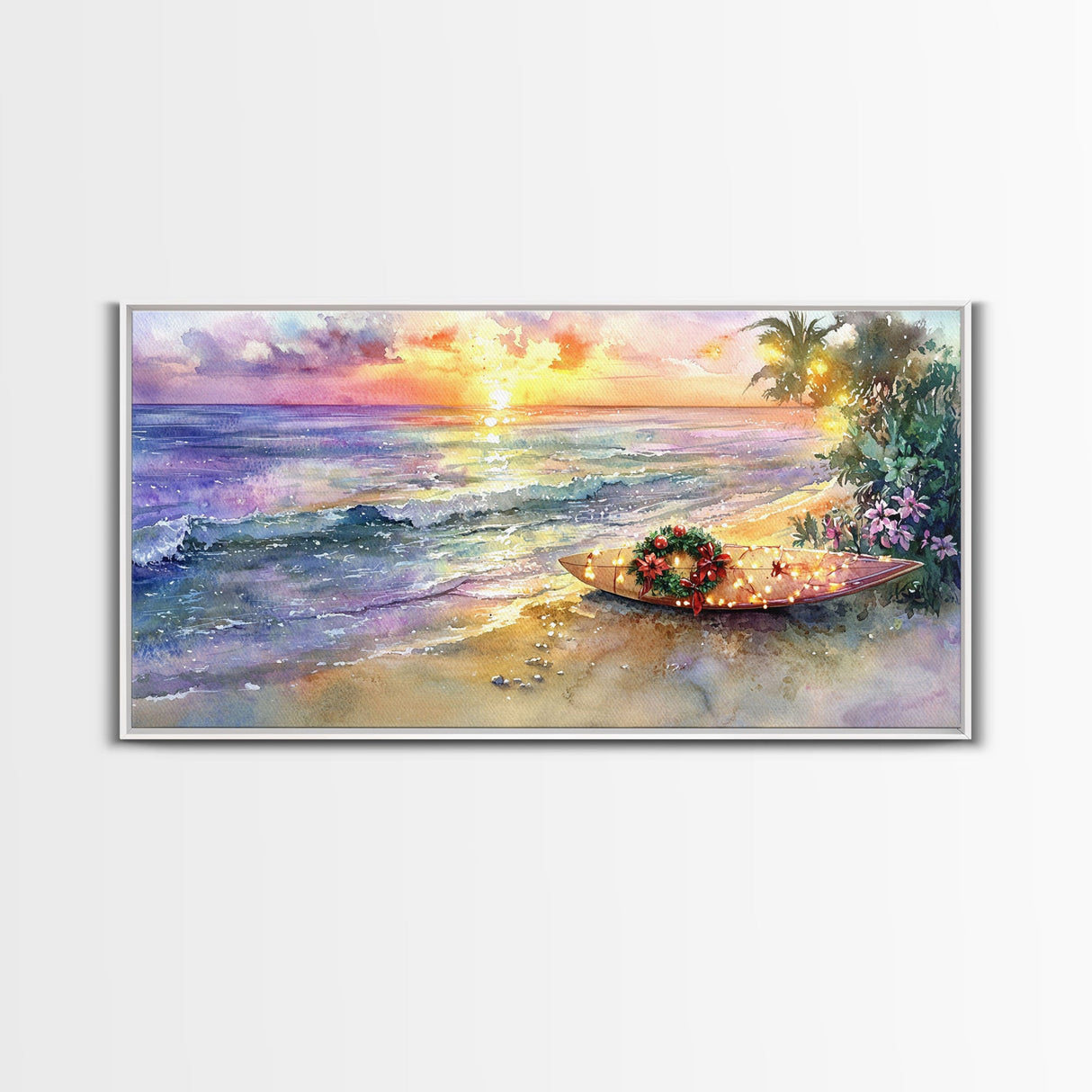 Christmas Surfboard Beach Decor Canvas Print | Tropical Coastal Christmas Art | Beach Christmas Wall Art | 2024 Holiday Decor | Gift Idea