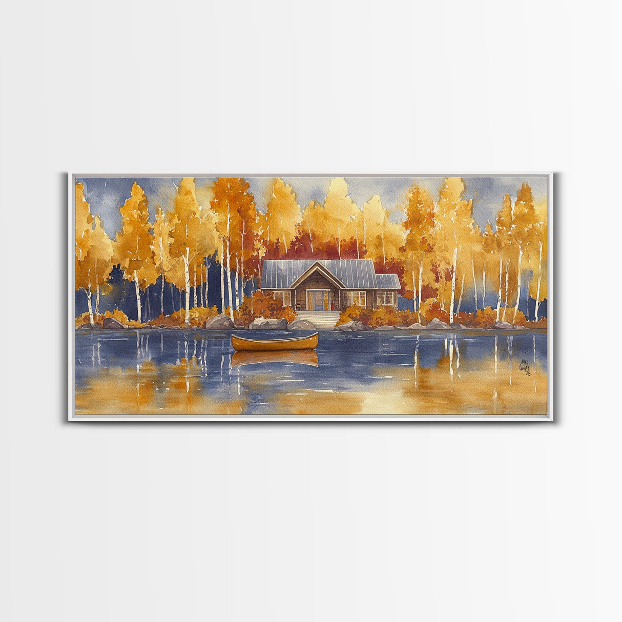 Lakeside cabin in autumn, framed canvas print, cozy fall decor, rustic cabin home decor, fall landscape wall art, perfect autumn gift idea