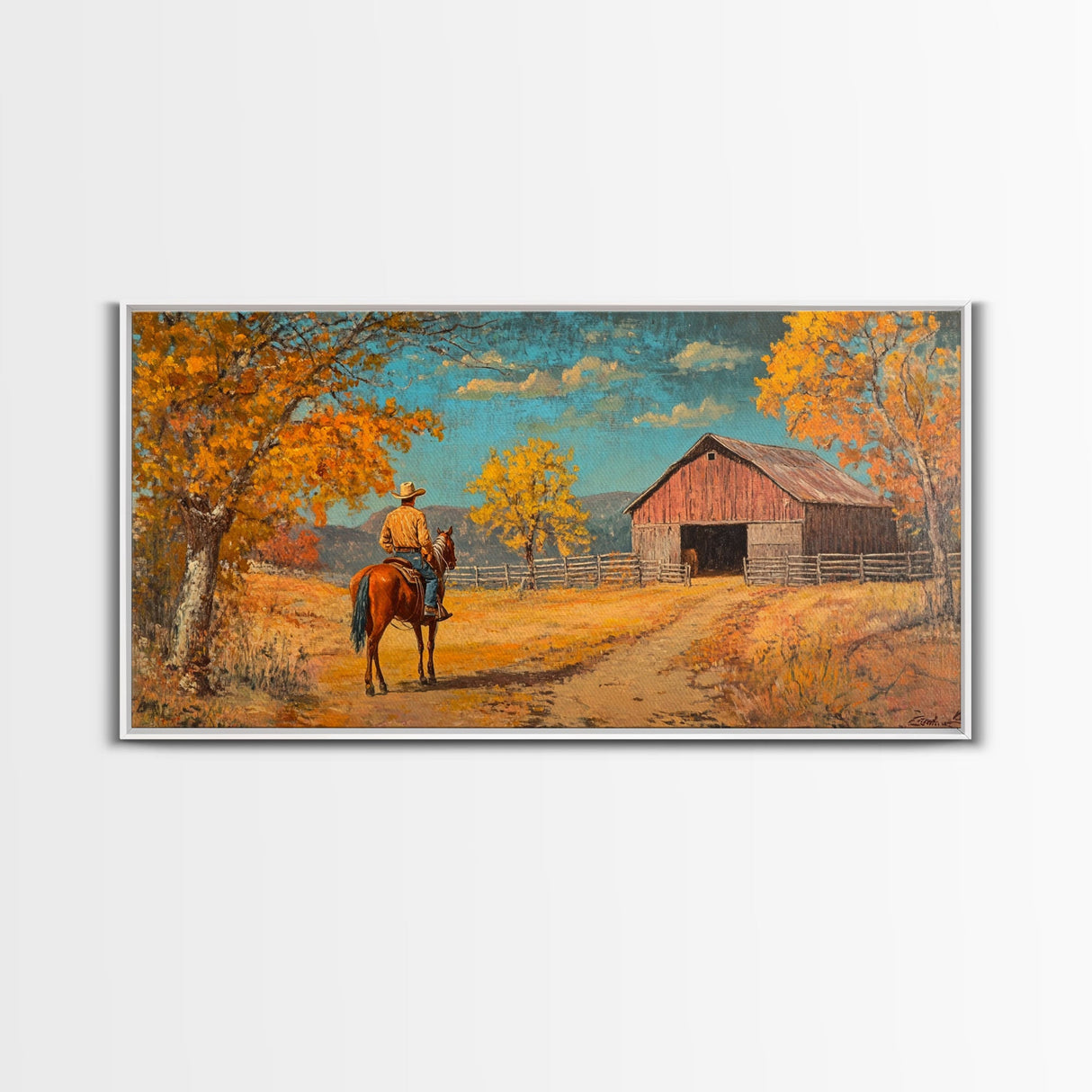 Cowboy Horse Autumn River Framed Canvas Print Perfect Above Sofa Fall Cowboy Art Moody Landscape Fall Western Wall Art