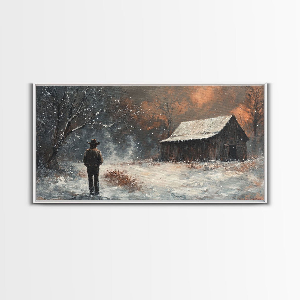 Cowboy On The Farm, Framed Canvas Print Fall Cowboy Wall Art Above Sofa Decor Moody Fall Western Wall Art