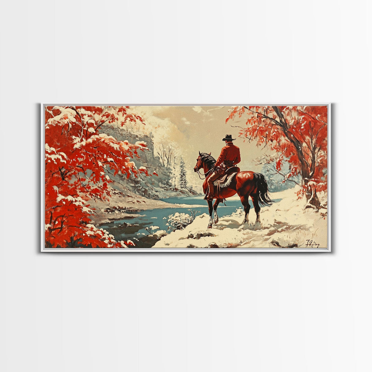 Cowboy resting by campfire under aspen trees with mountains in background, Framed Canvas Print, rustic wall art, warm western decor piece