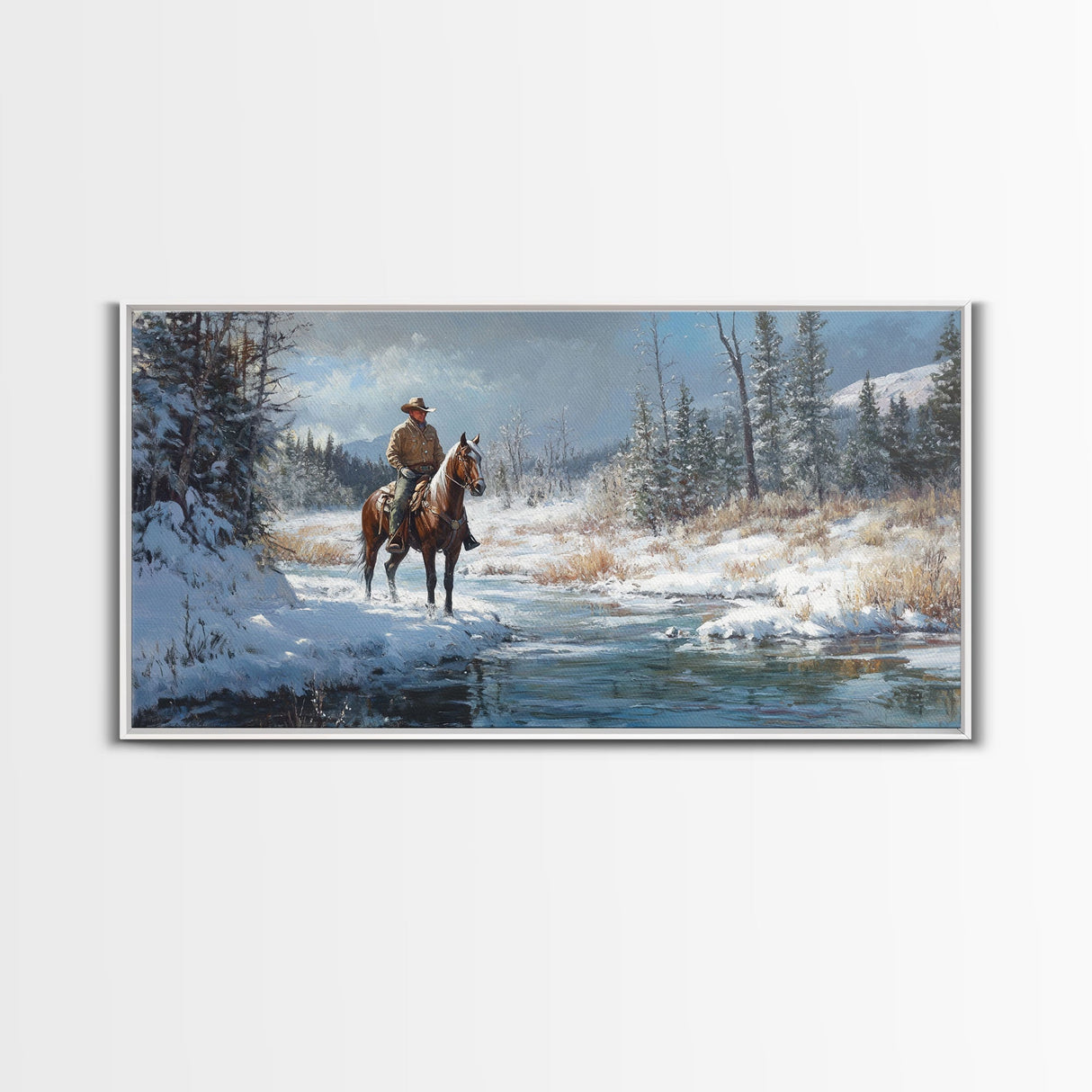 Cowboy riding horse through vibrant autumn forest, Framed Canvas Print, tall fall wall art, rustic western decor, moody landscape