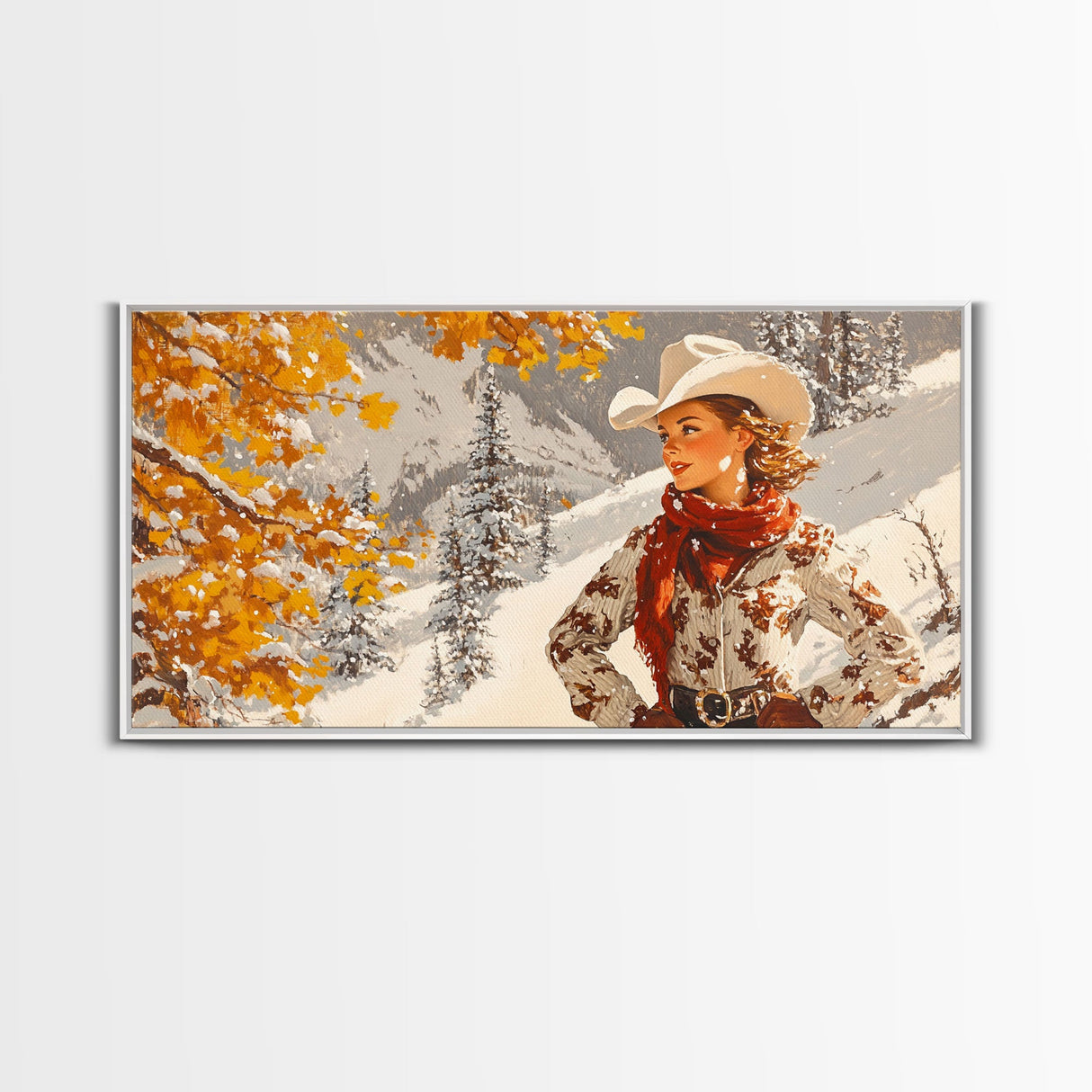 Charming Framed Canvas Print of a Cowgirl in Autumn Leaves, Perfect Fall Wall Decor and Gift Idea for Fans of Western Art Rustic Home Decor