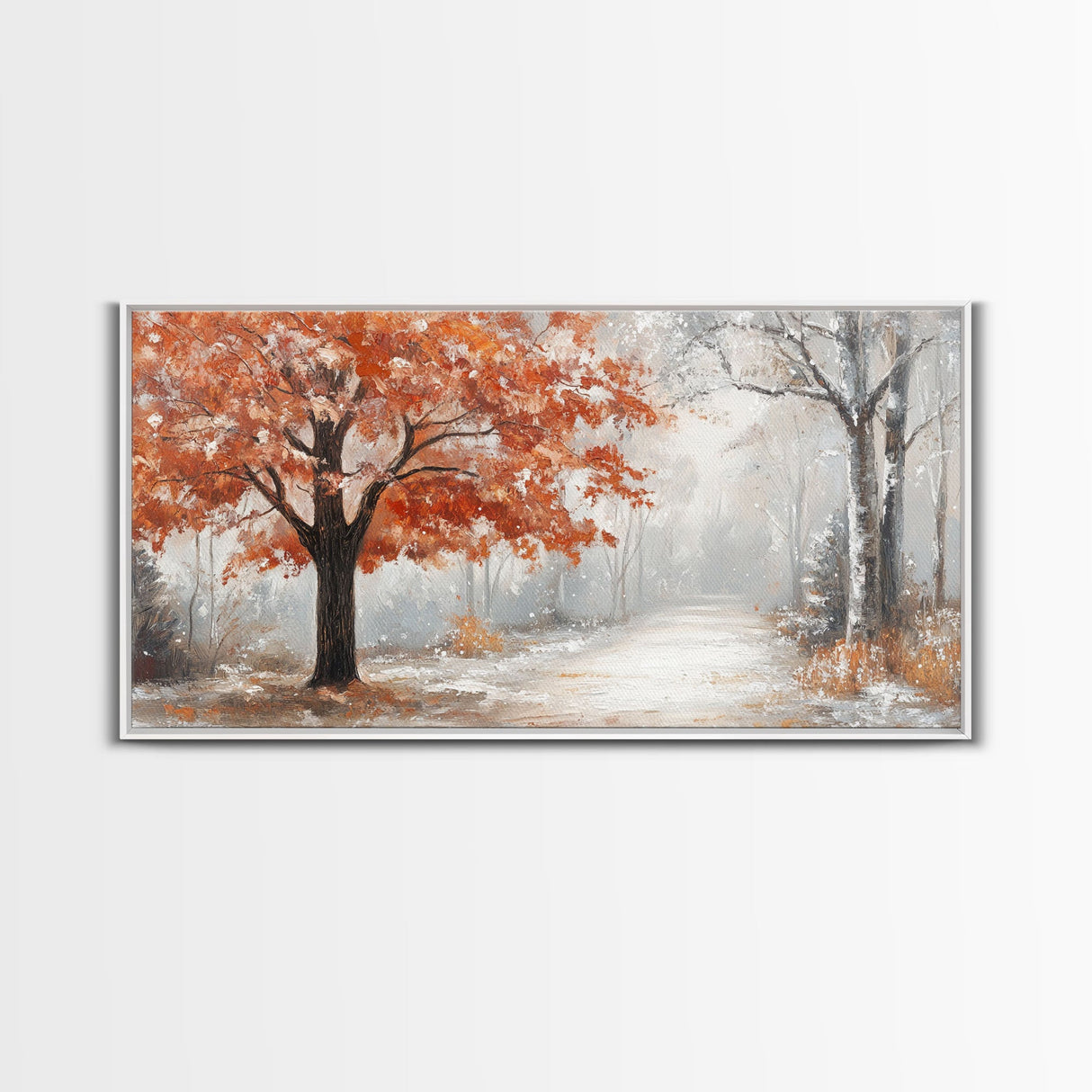 Misty Forest Path with Orange Leaves Framed Canvas Print, Ideal Autumn Decor or Fall Wall Art for Cozy Home Interiors