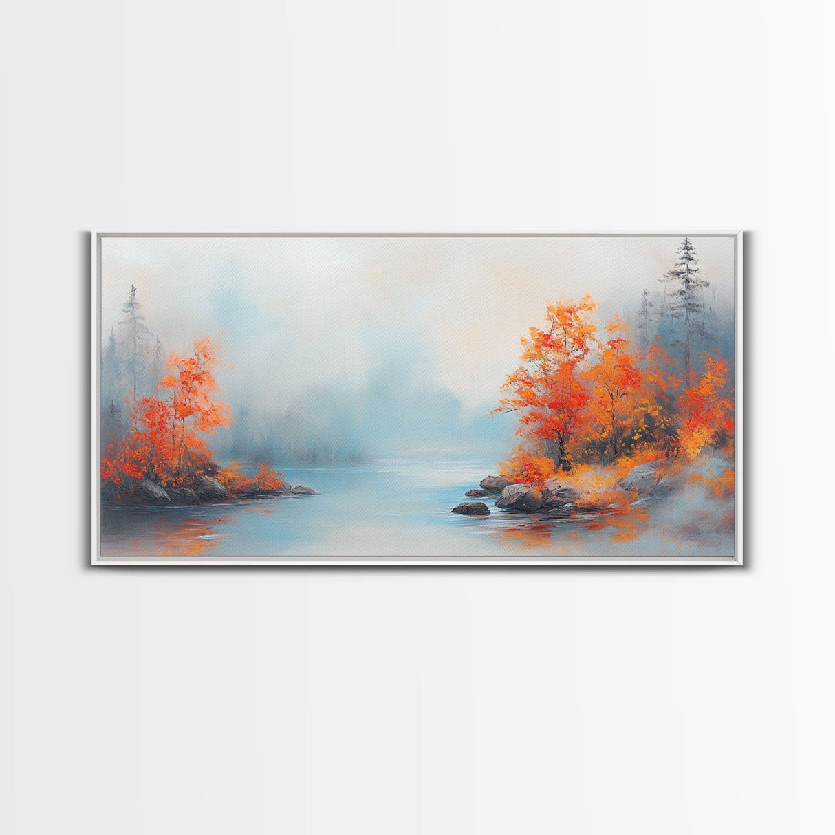 Fall On The Lake, Framed Canvas Print, Beautiful Seasonal Decor, Moody Landscape Painting