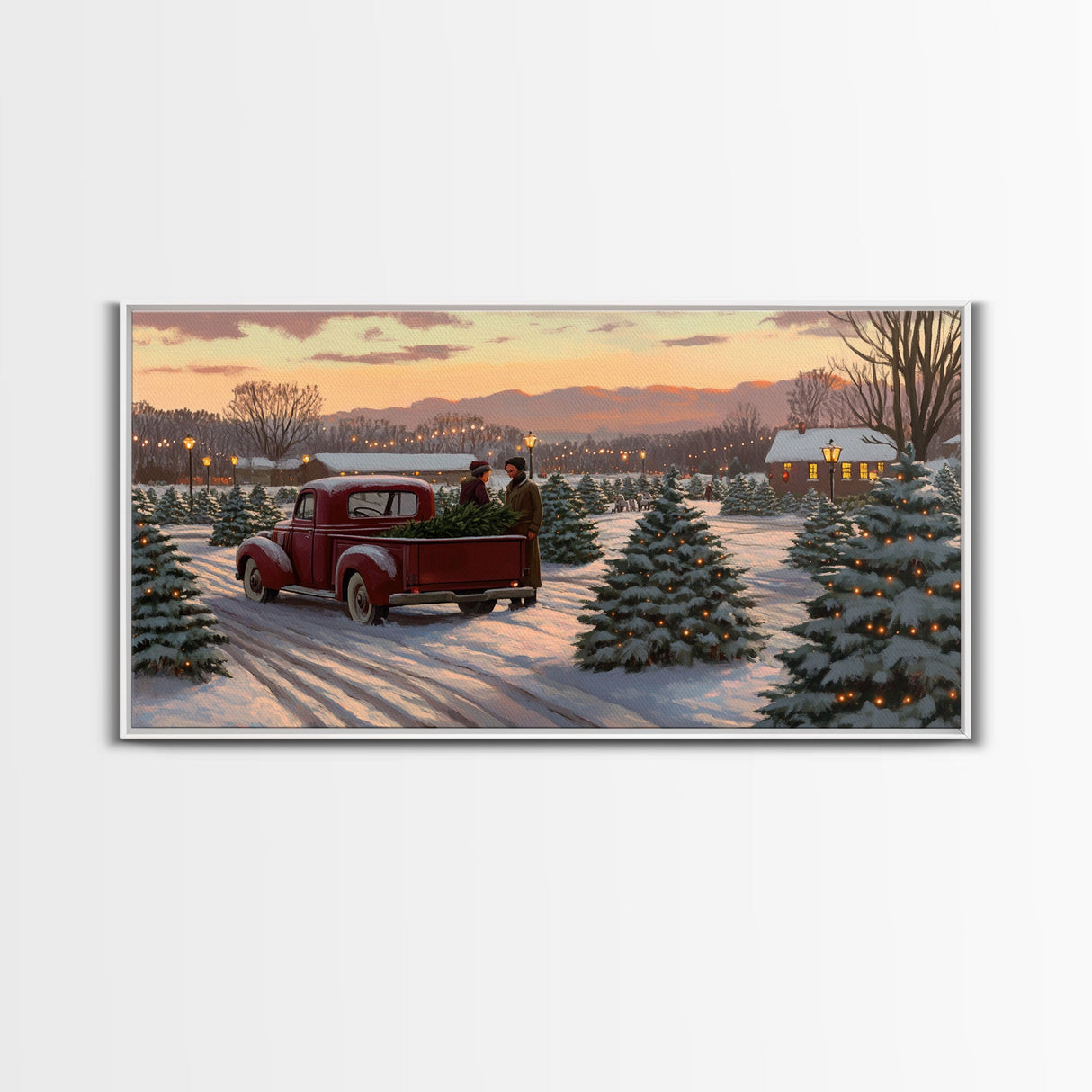 Christmas Tree Farm Framed Canvas Print, Red Truck Winter Scene, Farmhouse Christmas Decor, Christmas Vacation Decor, Holiday Art Gift